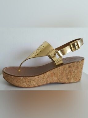 Tory Burch Leather Metallic Gold Thong Slingback Platform Sandals Sz 10 Like NEW